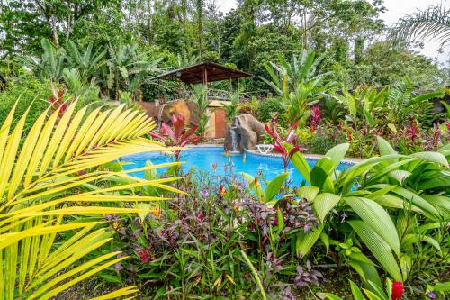 a monkey standing in a pool in a garden at Aunty Arenal Lodge in Fortuna