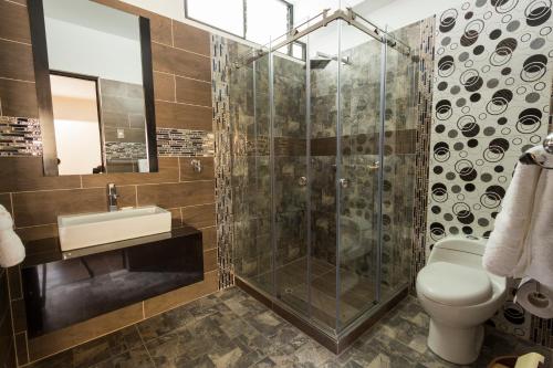 W łazience znajduje się prysznic, toaleta i umywalka. w obiekcie Hotel Turin w mieście Tarma