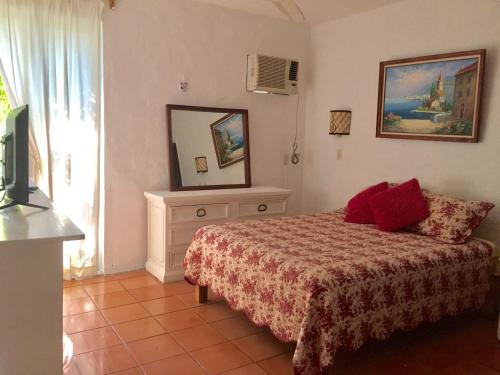 um quarto com uma cama e um espelho na parede em Hermoso departamento a una cuadra de la playa em Puerto Vallarta