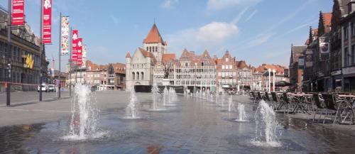 a fountain in the middle of a city with buildings at Ferme Delgueule in Tournai