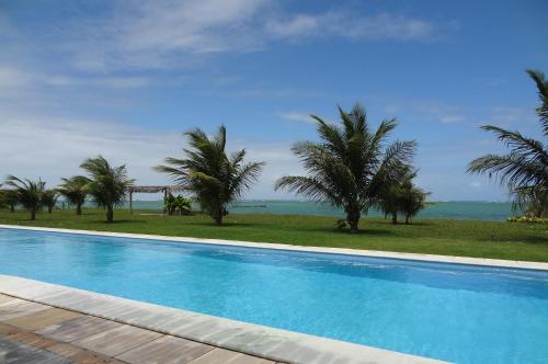 a swimming pool with palm trees and the ocean at Pousada Infinito Mar in São Miguel dos Milagres