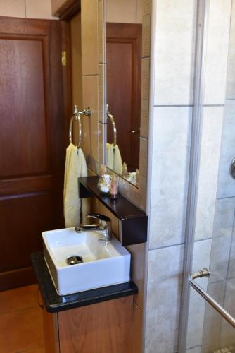 a bathroom with a sink and a mirror at The Cedars Bed and Breakfast in Centurion