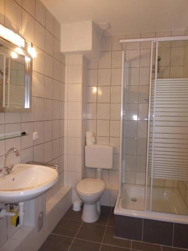 リューネブルクにあるFerienwohnung am Liebesgrundのバスルーム(トイレ、洗面台、シャワー付)