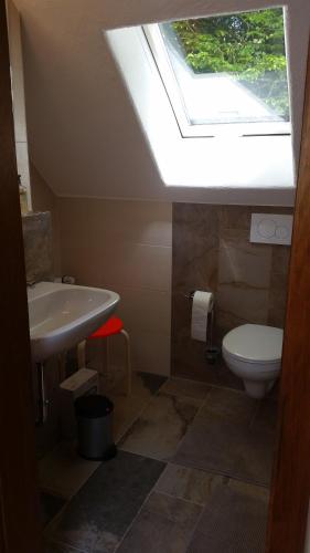 ein Bad mit einem Waschbecken und einem WC mit einem Dachfenster in der Unterkunft Ferienwohnung Kaminzimmer in Westerstede