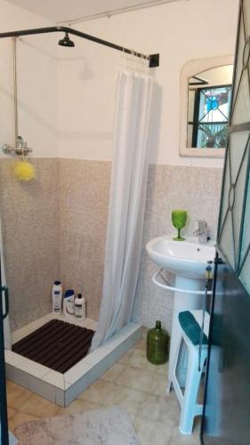 a bathroom with a shower and a sink at A Casa da Avó... in São Vicente