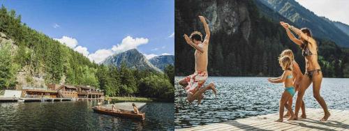 two pictures of people jumping into a lake at Landhaus Edelweiss in Oetz