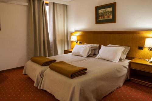 um quarto com uma cama grande com duas almofadas em Hotel Lusitano em Vilar Formoso