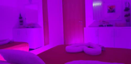 a pink room with a bed with a person laying on it at Apartment GEA 1 in Novi Sad