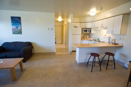eine Küche und ein Wohnzimmer mit einem Sofa und einem Tisch in der Unterkunft Grenfell Campus Summer Accommodations in Corner Brook