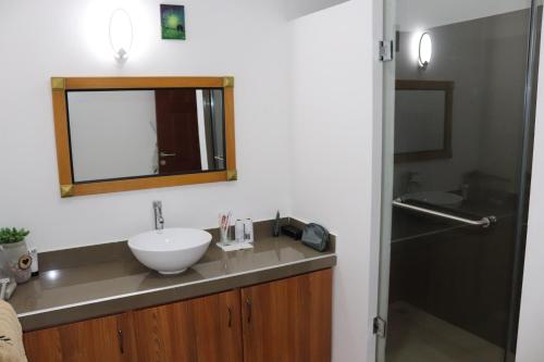 a bathroom with a sink and a mirror and a shower at Mahina Luxury 2 Bedroom Apartment with Pool in Flic-en-Flac