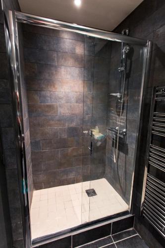 une douche avec une porte vitrée dans une salle de bain dans l'établissement Appartement Vieux Bassin, à Honfleur