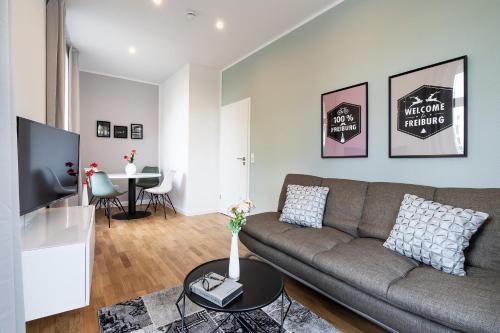 a living room with a couch and a tv at Freiburg Apartments Friedrichring in Freiburg im Breisgau