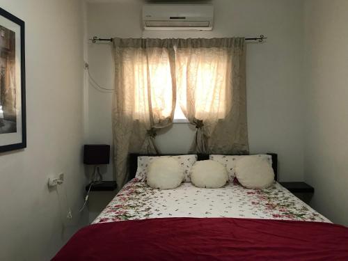 ein Schlafzimmer mit einem Bett mit Kissen und einem Fenster in der Unterkunft Lucy in Netanya