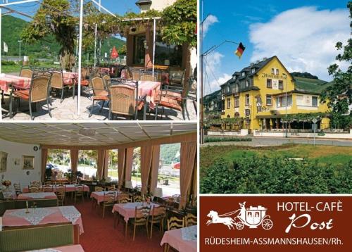 three pictures of a hotel cafe with tables and a building at Hotel Café Post in Rüdesheim am Rhein