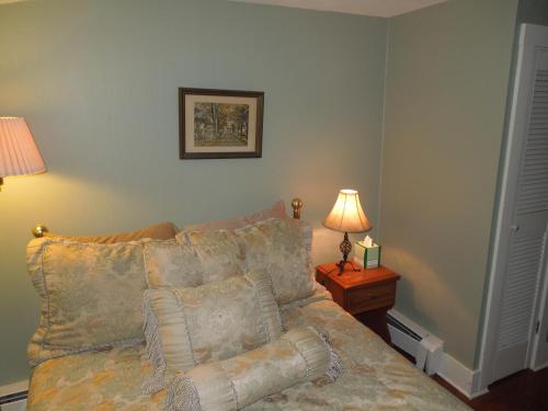 a bedroom with a bed with pillows and a lamp at Wildcat Inn and Tavern in Jackson