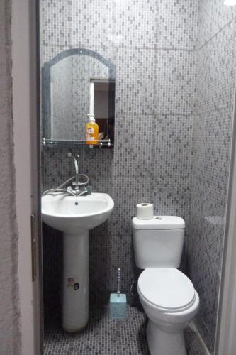 a small bathroom with a toilet and a sink at Sunny guesthouse in Stepantsminda