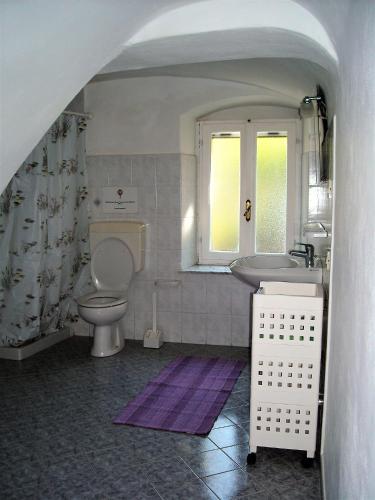 a bathroom with a toilet and a sink and a window at Alloggio Basilico in Diano San Pietro