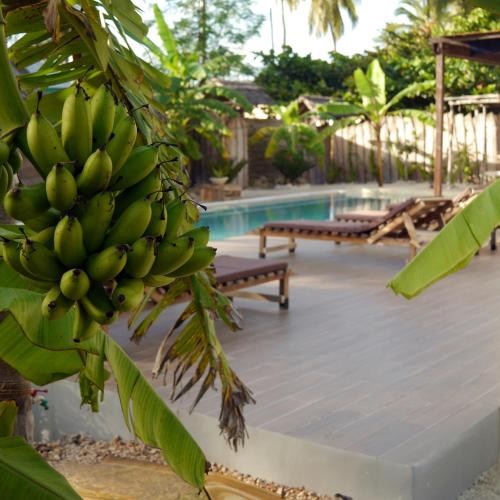 a bunch of bananas hanging from a tree next to a pool at Villa Huruma in Paje