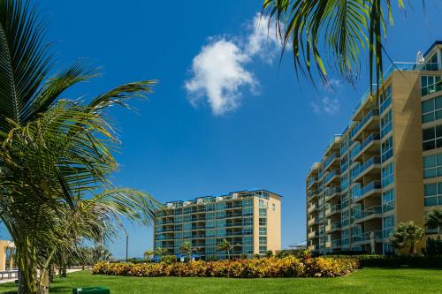 a tall building with palm trees in front of it at Blue Residences in Palm-Eagle Beach