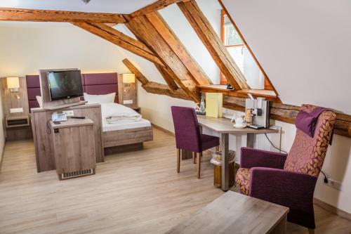 1 dormitorio con 1 cama y escritorio con TV en Bodensee Hotel Sternen, en Uhldingen-Mühlhofen
