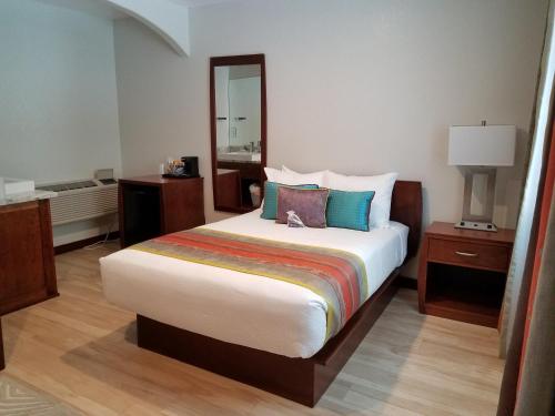 a bedroom with a large bed and a mirror at Shoshone Inn in Shoshone