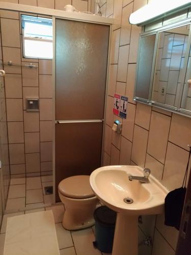 a bathroom with a toilet and a sink at Hostel Villa Pomerânia in Pomerode