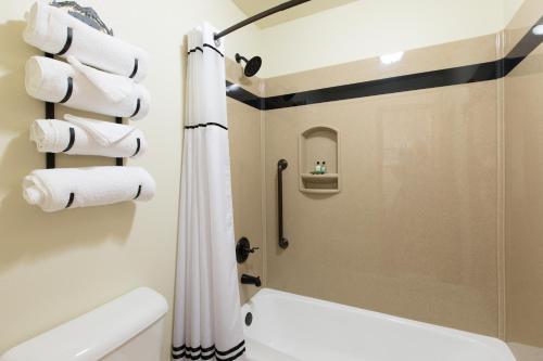 een badkamer met een douche, een toilet en handdoeken bij Crosswinds Inn in West Yellowstone
