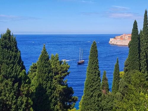 ein Boot in einem großen Wasserkörper mit Bäumen in der Unterkunft SoLeo in Dubrovnik