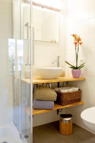 a bathroom with a sink and a mirror at Borghese Apartment in Locarno