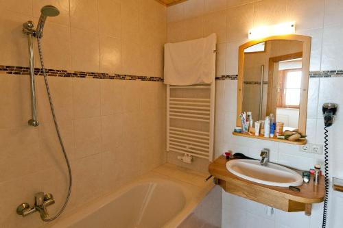 a bathroom with a tub and a sink and a shower at AlmDorf Tonnerhütte in Mühlen