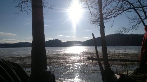 a sun shining over a body of water with trees at Älgbergets Bed & Breakfast in Ucklum