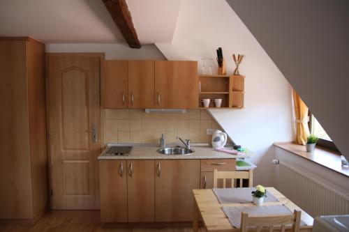 a kitchen with wooden cabinets and a sink and a table at Apartmány Dolní Moravice in Dolní Moravice