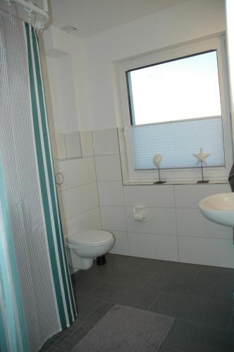 a bathroom with a toilet and a sink and a window at Apartment am Apfelgarten in Schwarmstedt