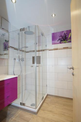 La salle de bains est pourvue d'une douche en verre et d'une armoire violette. dans l'établissement Bucherhof, à Fischbachau