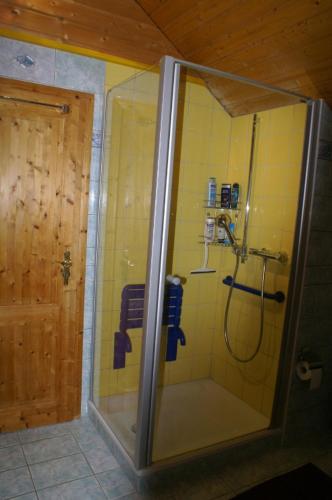 a shower with a glass door in a bathroom at Vreni's Gästezimmer in Himmelried