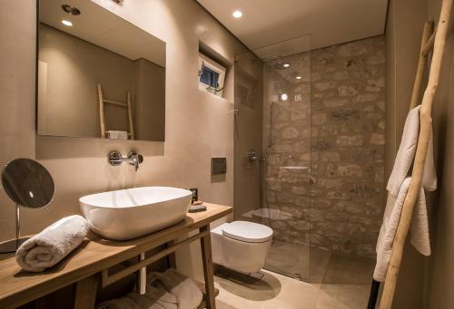 a bathroom with a sink and a toilet and a shower at BASSA MAINA Villas & Suites in Areopolis
