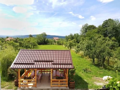 a small building with a roof on a field at Pensiunea Codruta in Carpinis