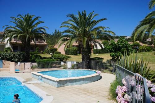 une piscine dans une cour avec des palmiers dans l'établissement Vue mer Corse, à Conca
