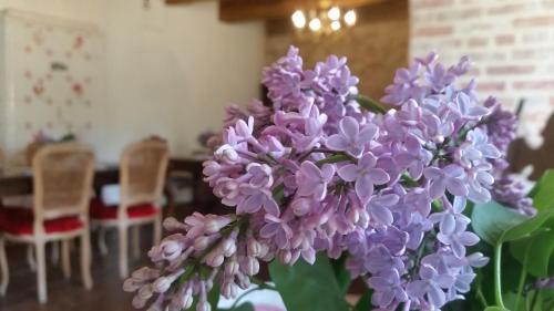 a bunch of purple flowers in a vase at Stara Papiernia Zielony Lasek in Krutyński Piecek