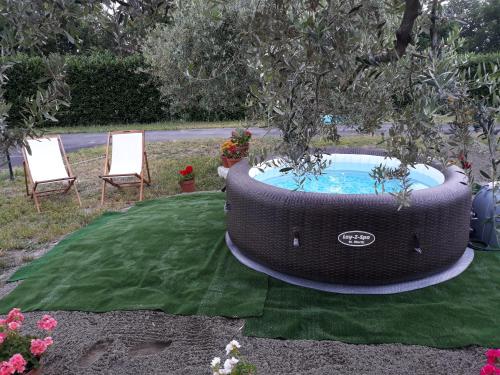 a pool in a backyard with two chairs and a tree at L'Orto sul Poggio in Sutri
