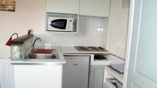 une petite cuisine avec un évier et un micro-ondes dans l'établissement Au calme, aux portes de Montpellier, à Grabels