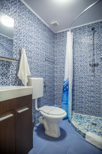 a blue tiled bathroom with a toilet and a shower at Andreea Residence Mamaia Nord in Mamaia Sat/Năvodari