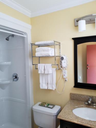 La salle de bains est pourvue de toilettes, d'un lavabo et d'un miroir. dans l'établissement Sunny Isle Motel, à Summerside