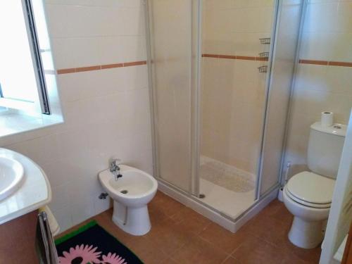 a bathroom with a shower and a toilet and a sink at Casa do Pinheiro Manso in Valença