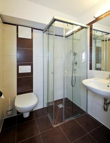 a bathroom with a shower and a toilet and a sink at Familiengut Ertlhof in Seeboden