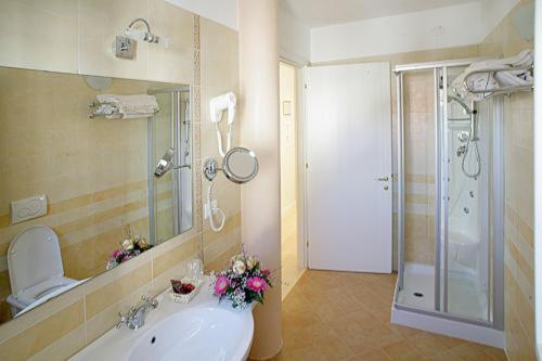 ein Bad mit einem Waschbecken, einer Dusche und einem WC in der Unterkunft Hotel Ai Dogi in Palmanova