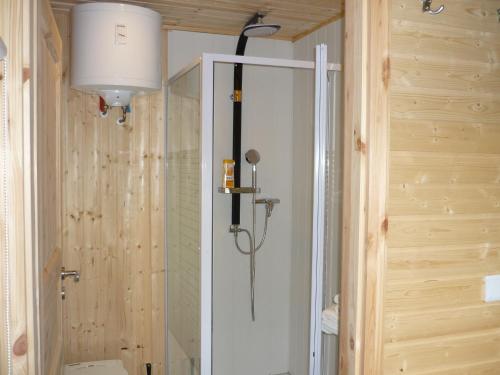 eine Dusche mit einer Glastür in einem Badezimmer in der Unterkunft Haus am See in Rust
