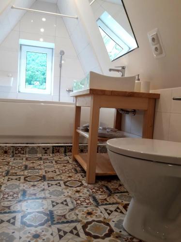 a bathroom with a toilet and a sink at Na Świerkowym Strychu in Szczawnica