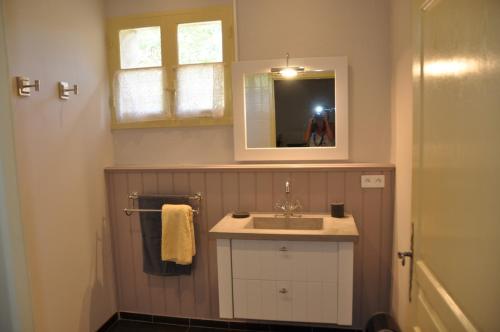 une salle de bain avec un lavabo et un miroir dans l'établissement Château Le Tour - Chambres d'Hôtes, à Faux