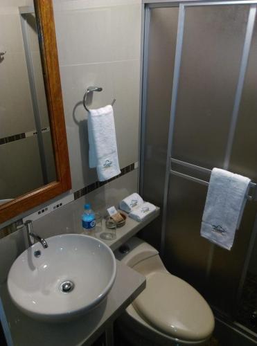 a bathroom with a sink and a toilet and a mirror at Picos House MachuPicchu in Machu Picchu